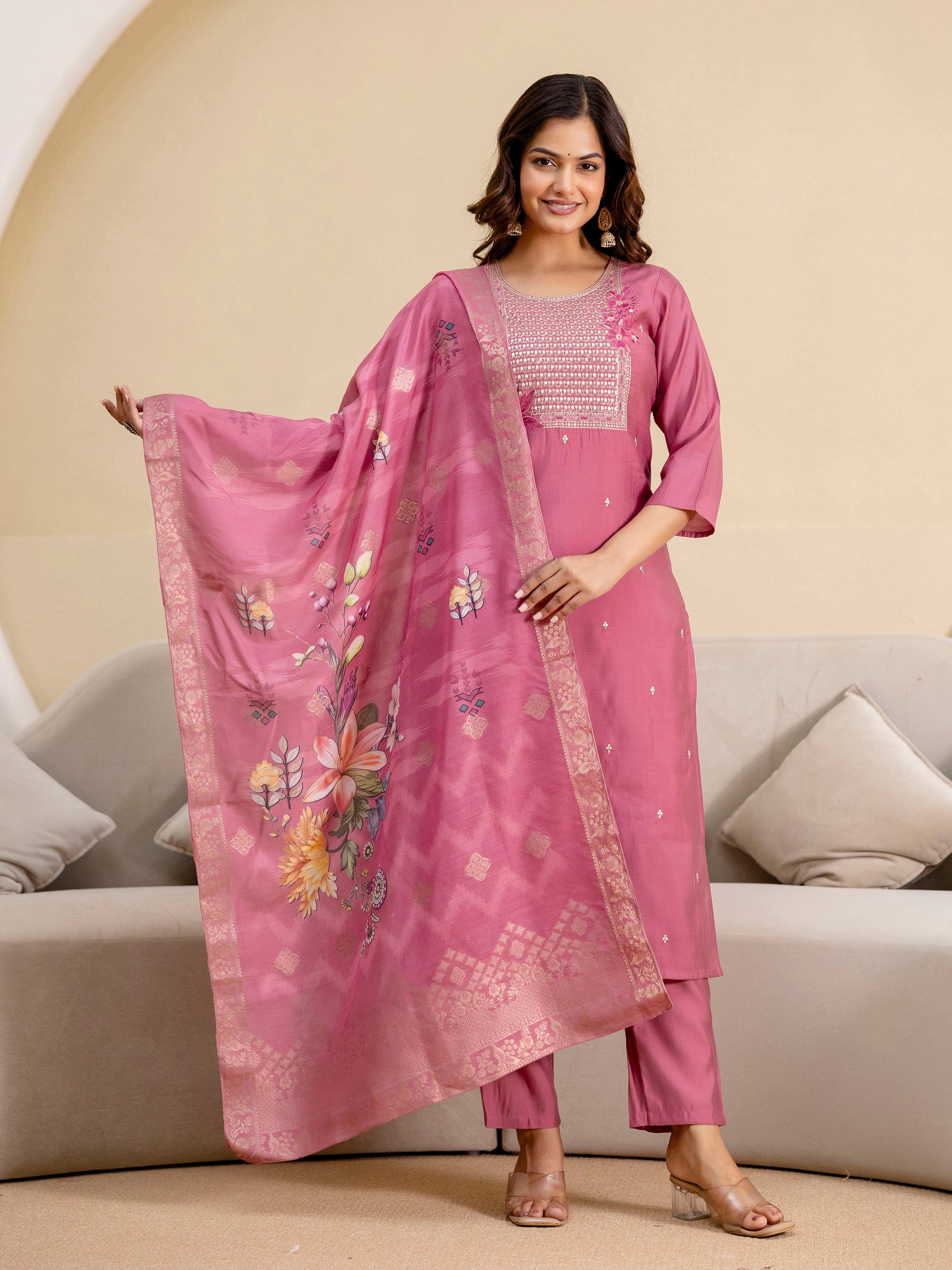 Pink Roman Silk Embroidery Salwar Suit with Floral Print Dupatta Set For Women's Trendmalls