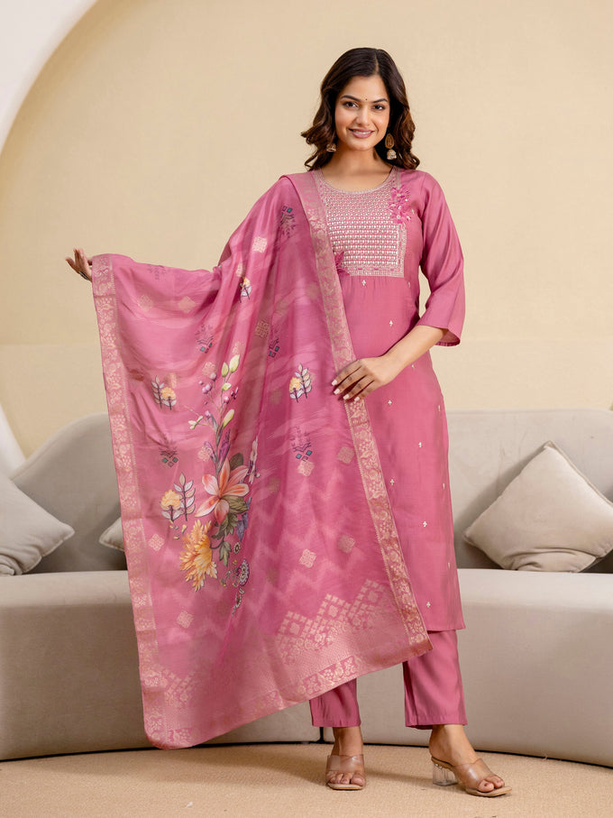 Pink Roman Silk Embroidery Salwar Suit with Floral Print Dupatta Set For Women's Trendmalls