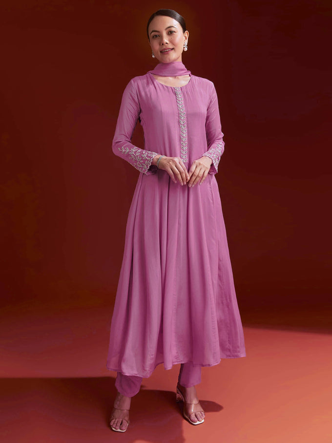 Pink Star Georgette Embroidery Work Kurta Palazzo with Dupatta For Women