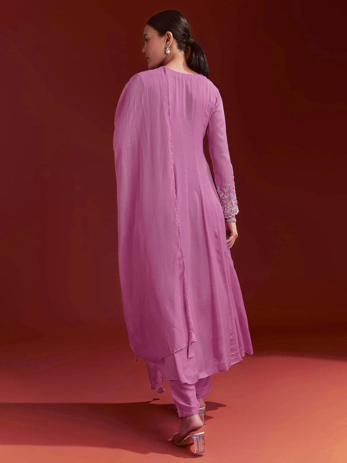 Pink Star Georgette Embroidery Work Kurta Palazzo with Dupatta For Women
