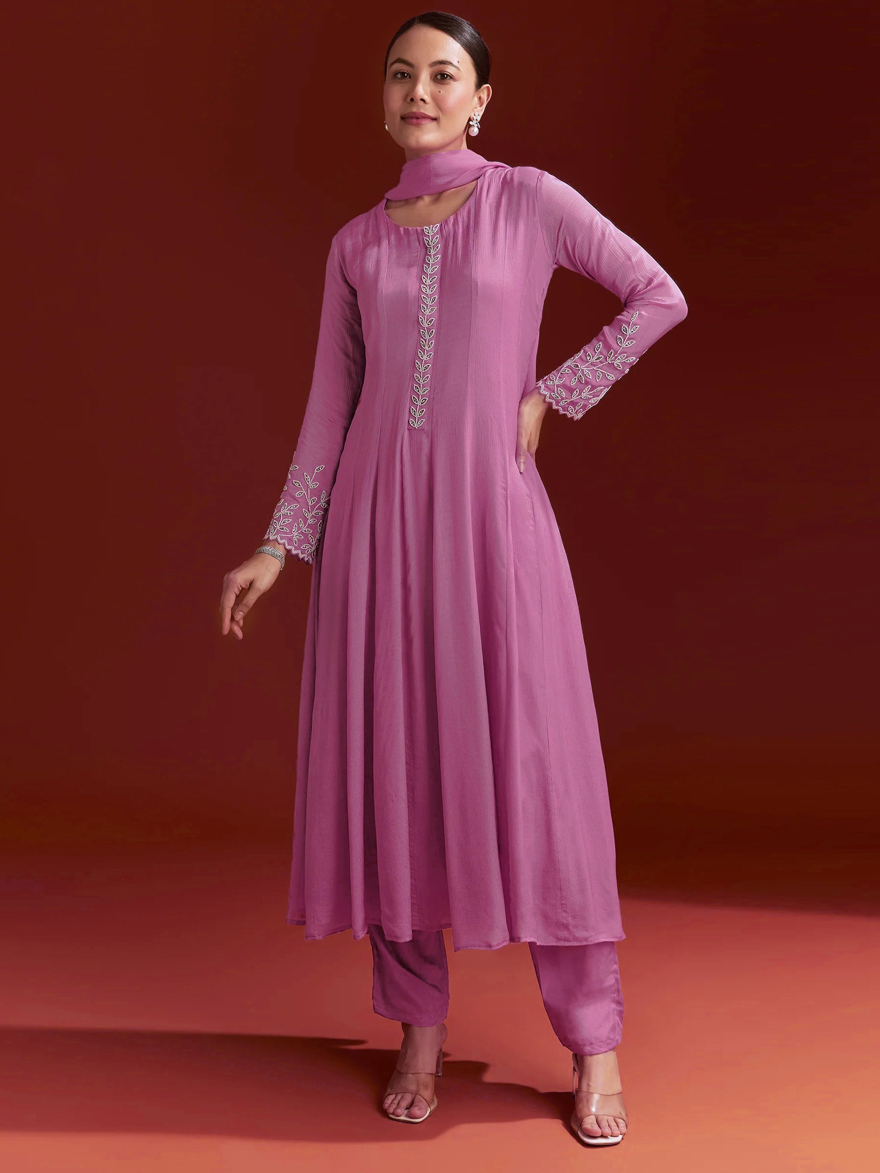 Pink Star Georgette Embroidery Work Kurta Palazzo with Dupatta For Women