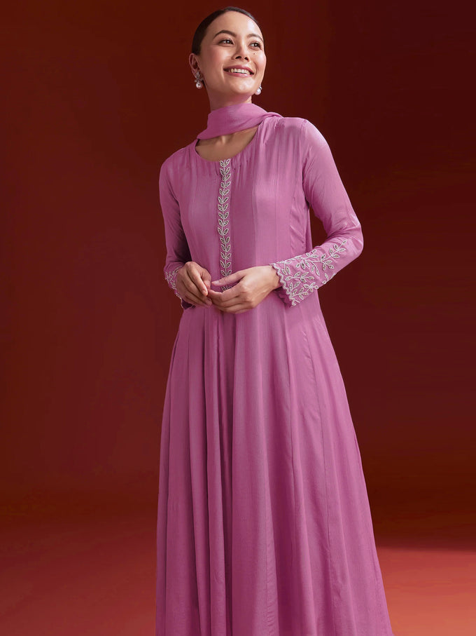 Pink Star Georgette Embroidery Work Kurta Palazzo with Dupatta For Women