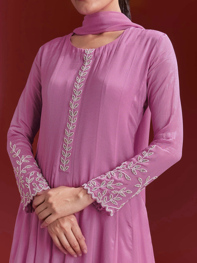 Pink Star Georgette Embroidery Work Kurta Palazzo with Dupatta For Women