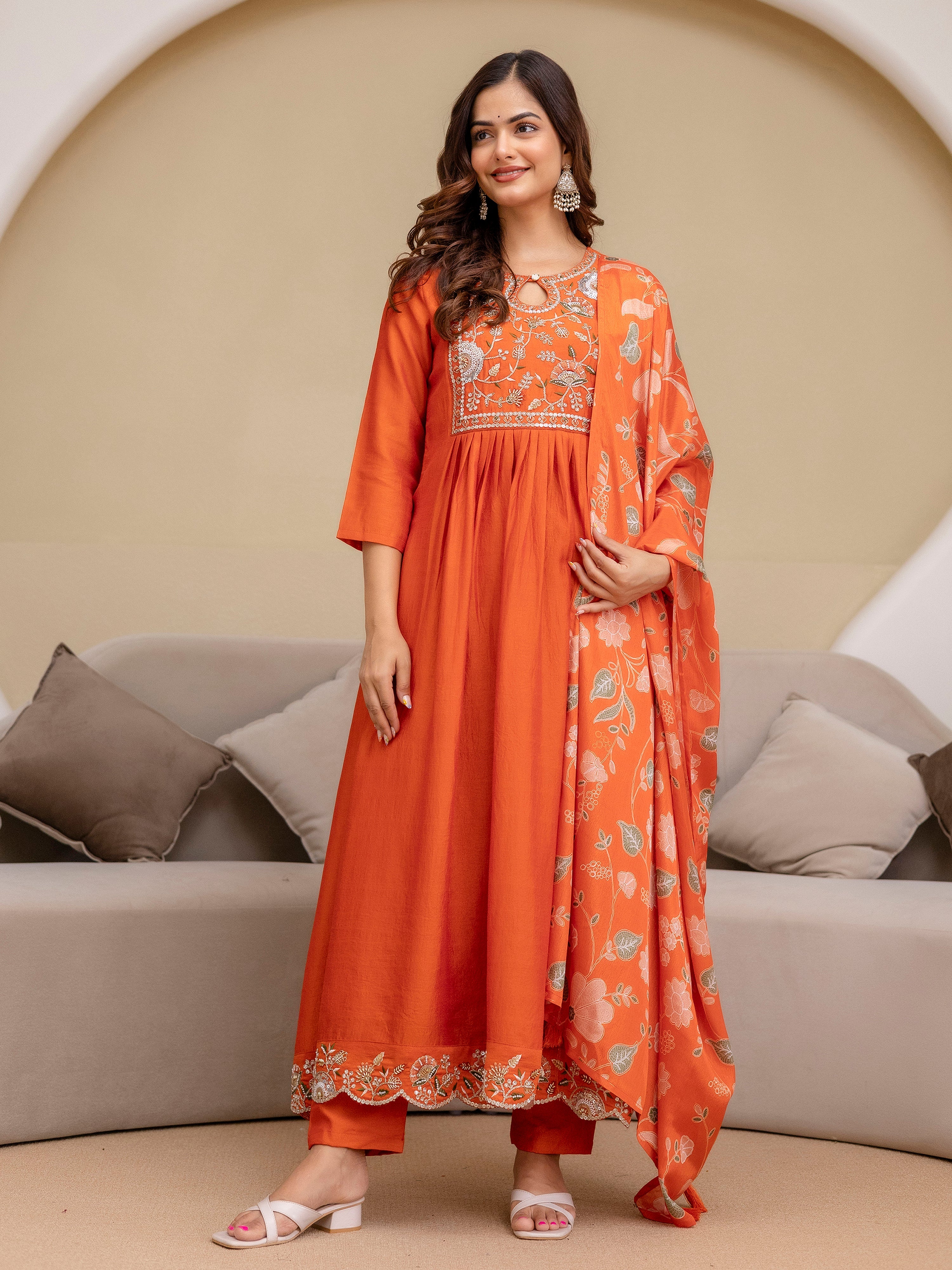 Orange Art Silk Hand Work Embroidery Anarkali Kurta Pant with Dupatta Trendmalls