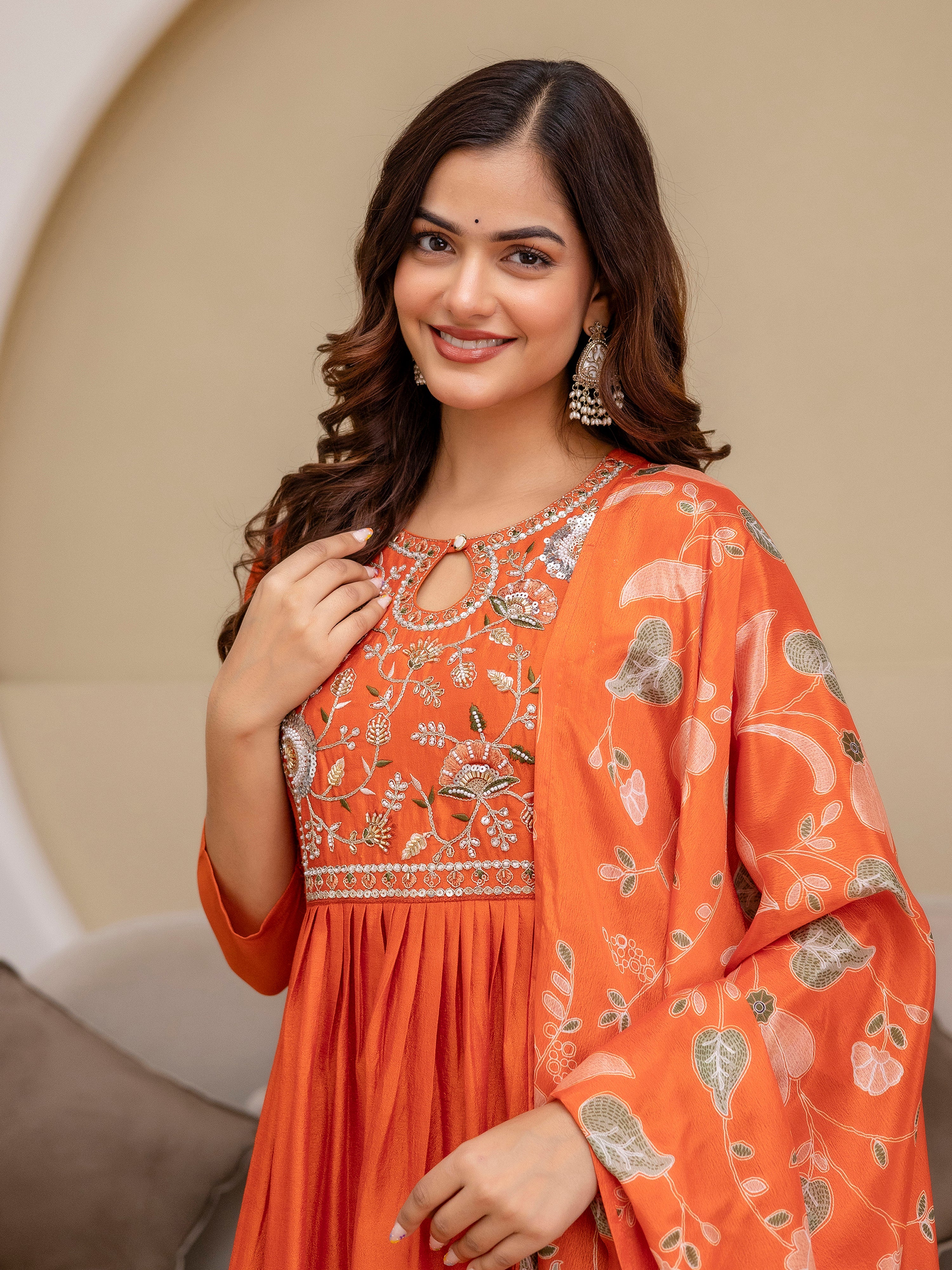 Orange Art Silk Hand Work Embroidery Anarkali Kurta Pant with Dupatta Trendmalls