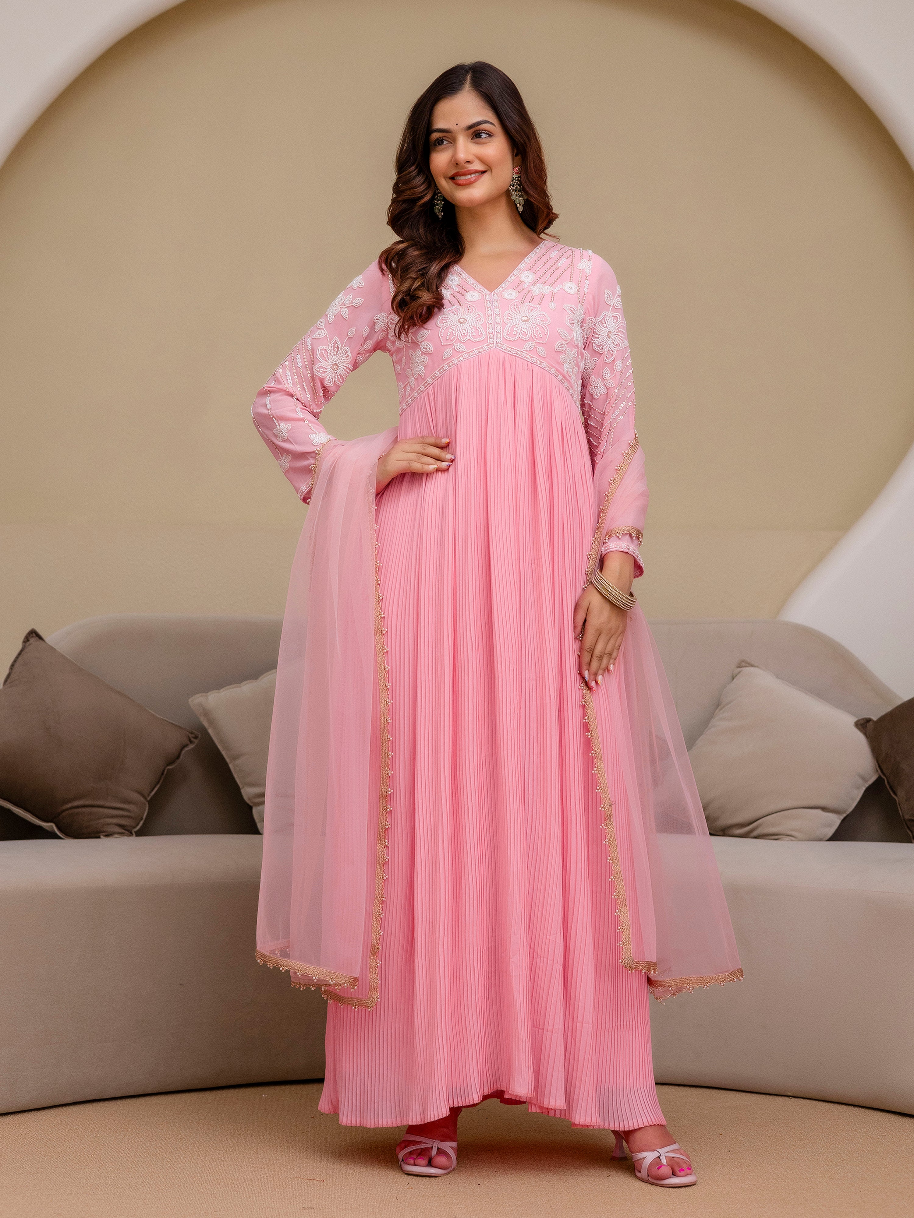 Peach Georgette Beads Embroidery Work Anarkali Kurta Pant with Dupatta For Women
