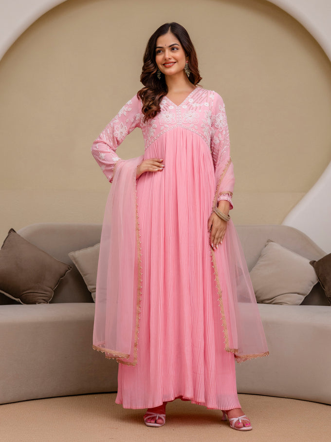 Peach Georgette Beads Embroidery Work Anarkali Kurta Pant with Dupatta For Women