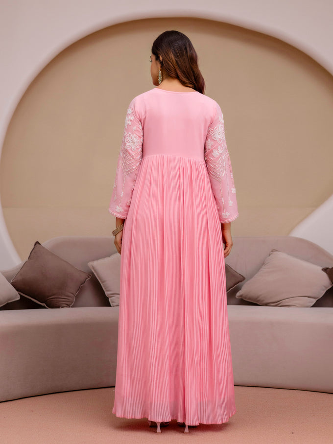 Peach Georgette Beads Embroidery Work Anarkali Kurta Pant with Dupatta For Women