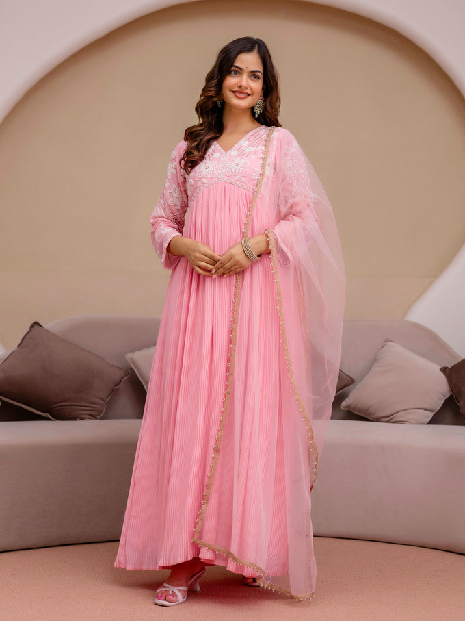 Peach Georgette Beads Embroidery Work Anarkali Kurta Pant with Dupatta For Women