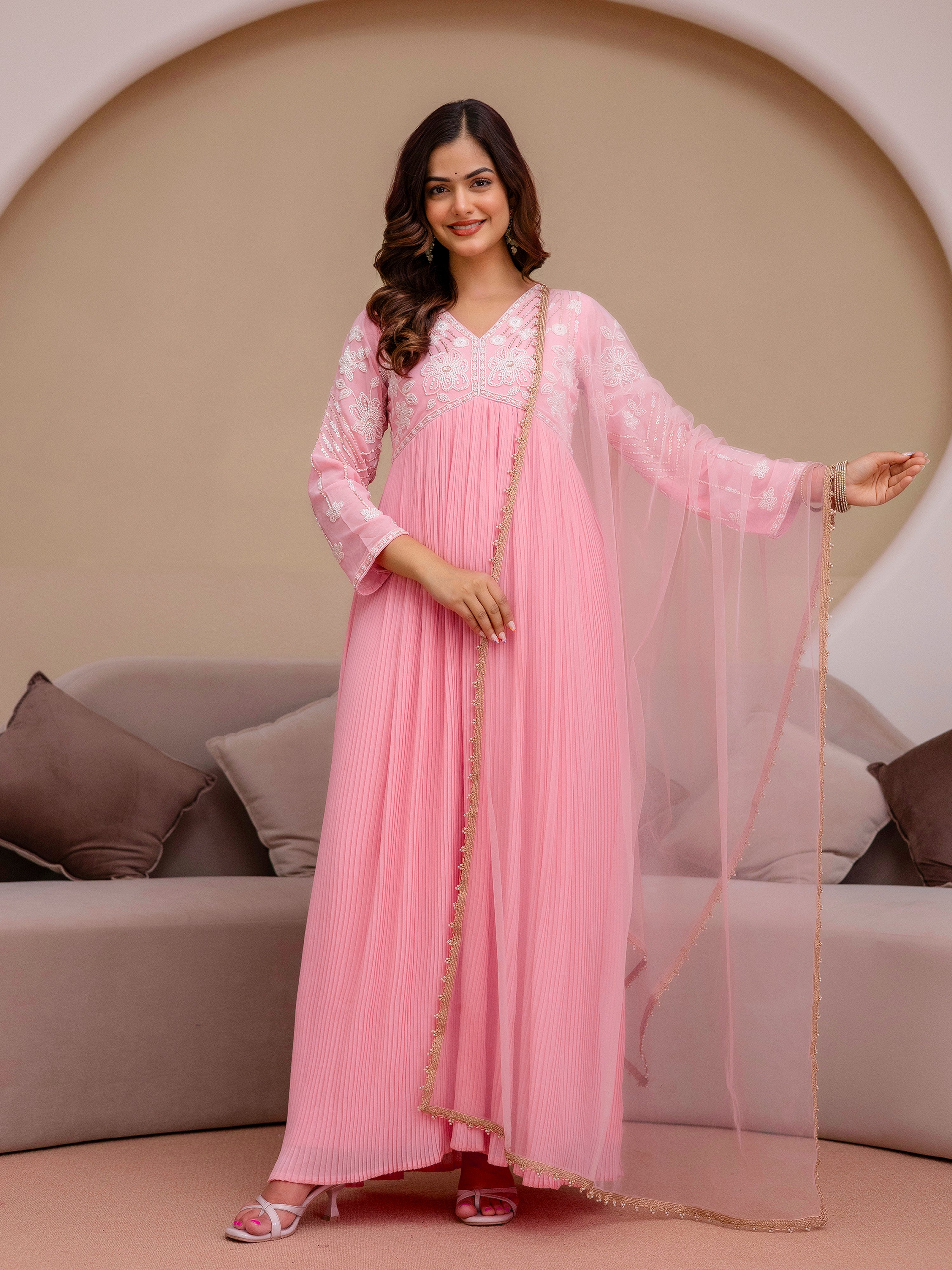 Peach Georgette Beads Embroidery Work Anarkali Kurta Pant with Dupatta For Women
