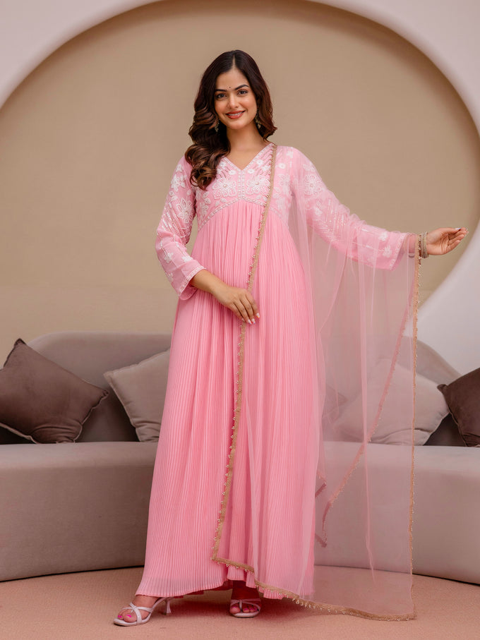Peach Georgette Beads Embroidery Work Anarkali Kurta Pant with Dupatta For Women