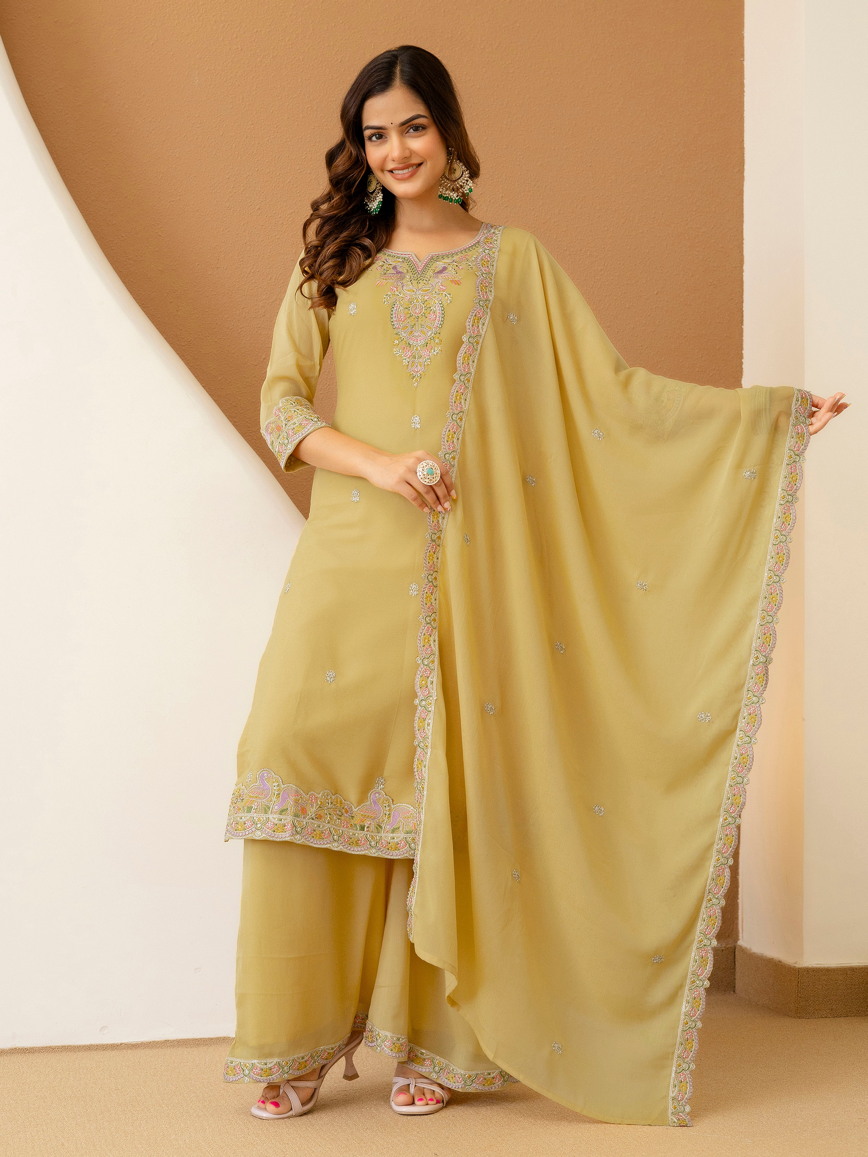 Yellow Georgette Embroidery Work Salwar Suit With Dupatta