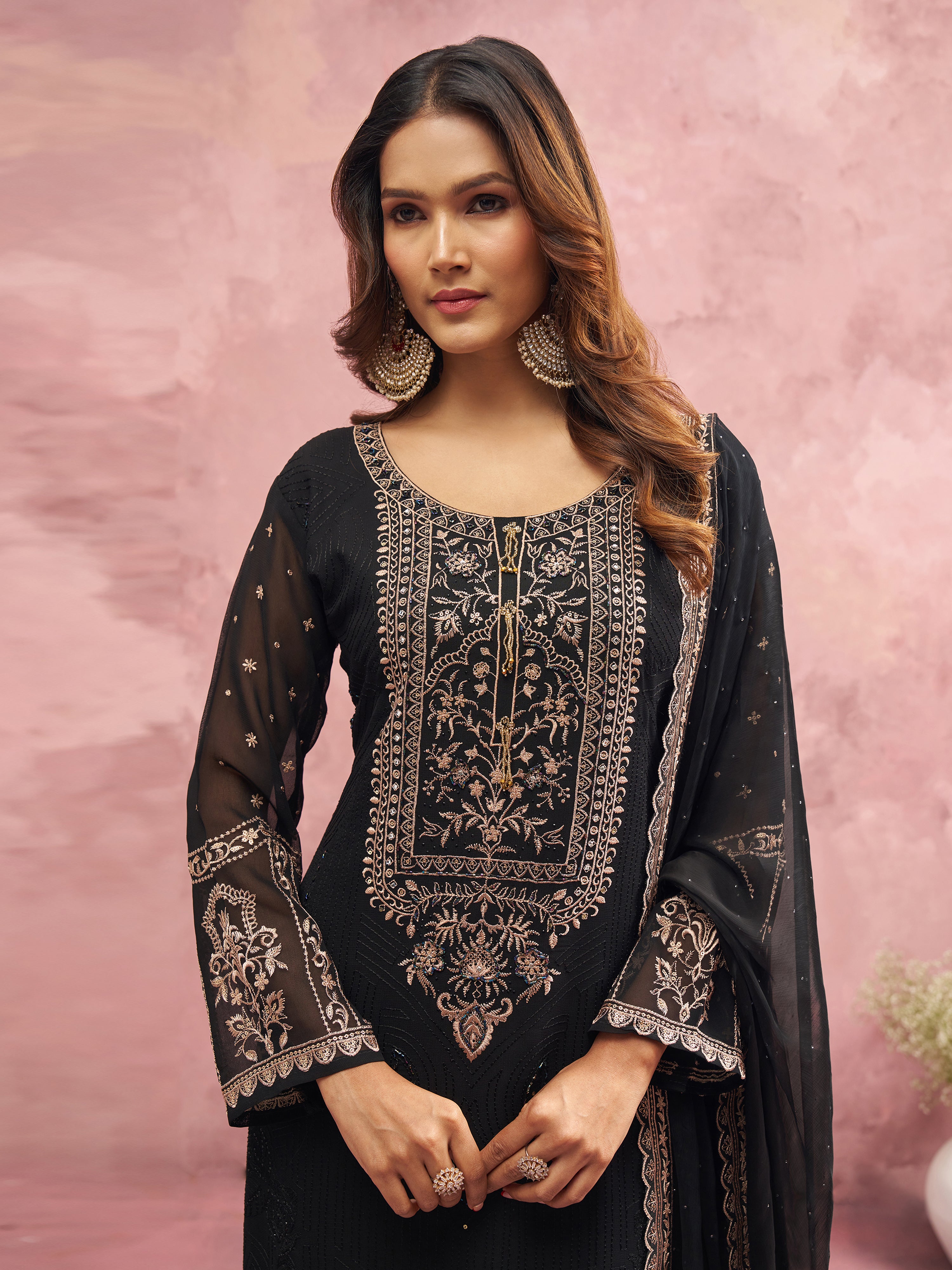 Black Georgette Beads Embroidery Work Kurta Pant Set with Dupatta For Women