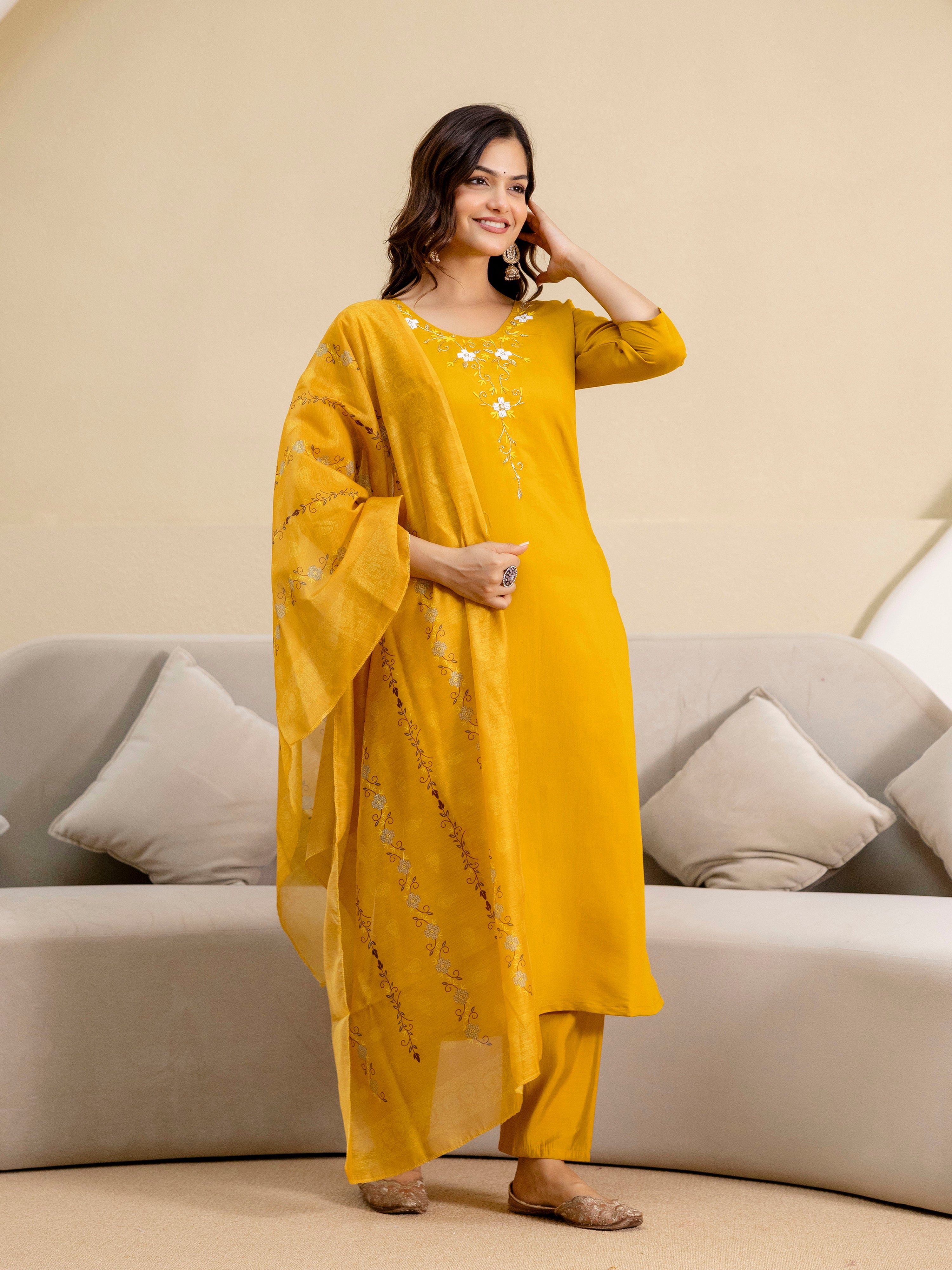 Yellow Chanderi Embroidery Salwar Suit with Dupatta Set For Women's Trendmalls