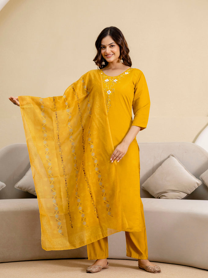 Yellow Chanderi Embroidery Salwar Suit with Dupatta Set For Women's Trendmalls