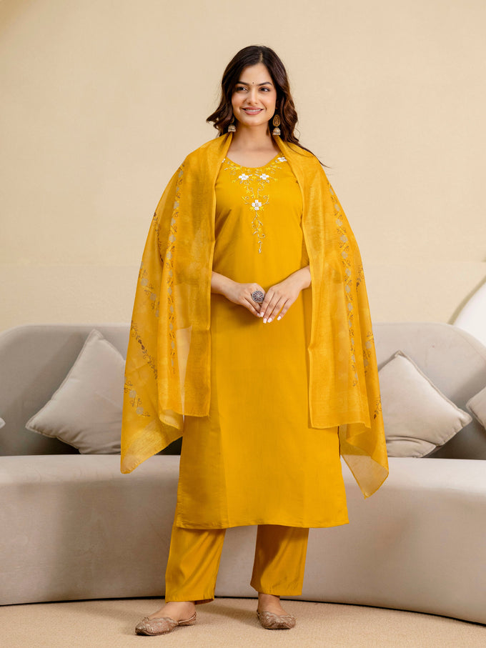 Yellow Chanderi Embroidery Salwar Suit with Dupatta Set For Women's Trendmalls