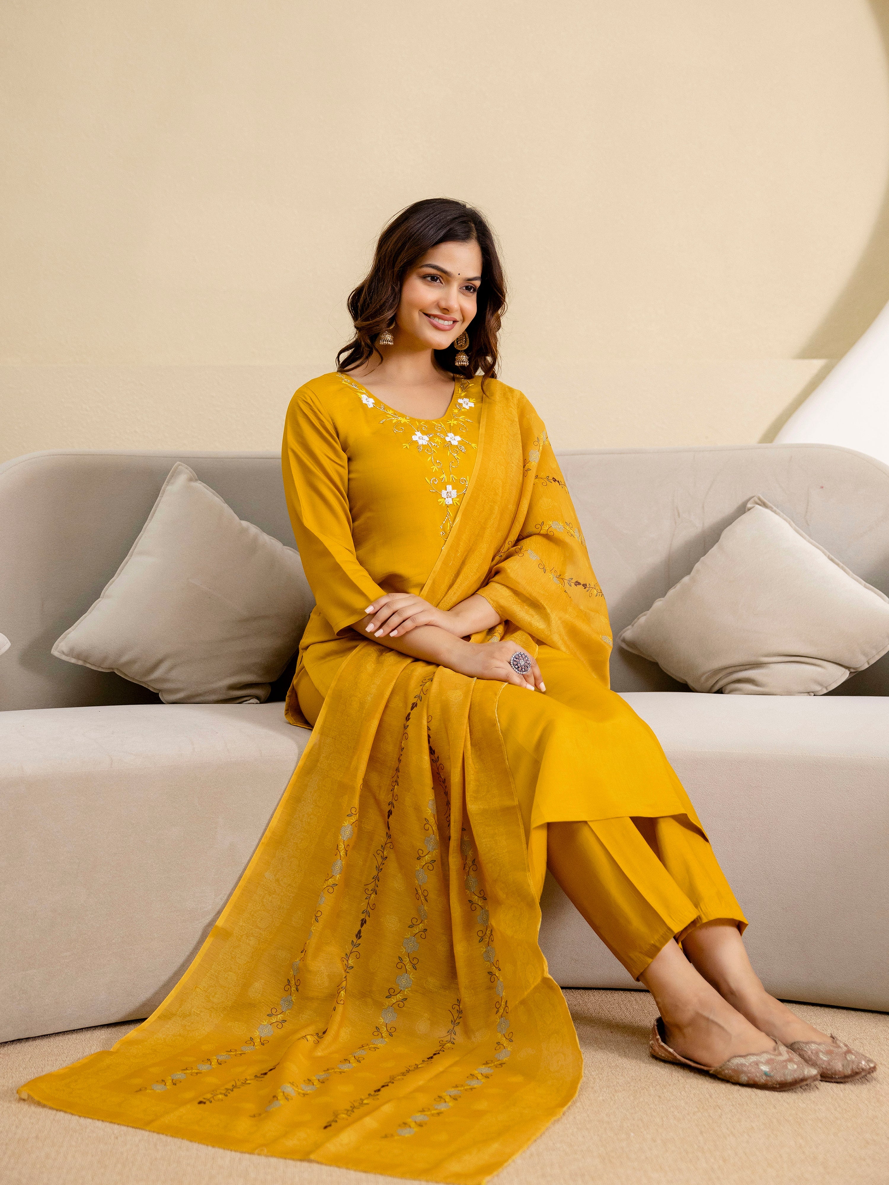 Yellow Chanderi Embroidery Salwar Suit with Dupatta Set For Women's Trendmalls