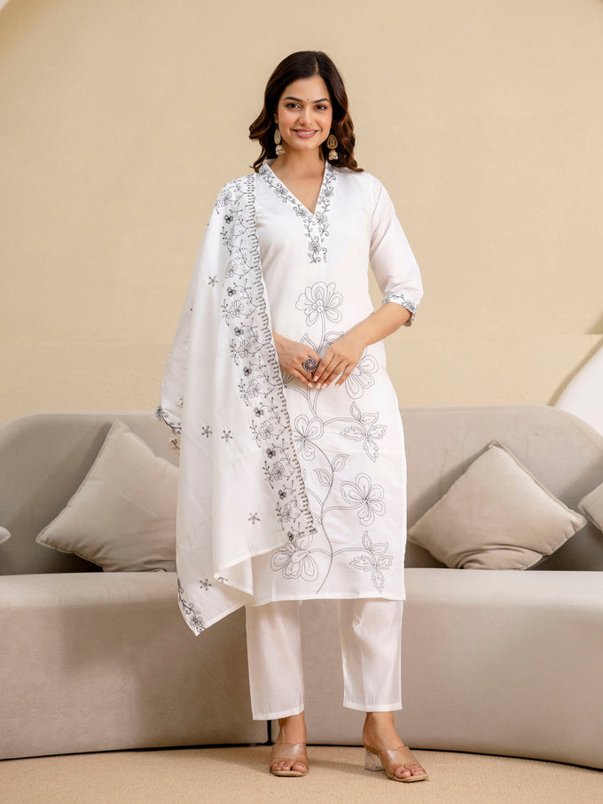 White Chanderi Embroidery Salawar Suit  with Dupatta Set For Women's Trendmalls