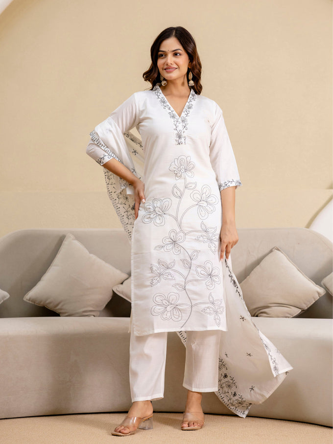 White Chanderi Embroidery Salawar Suit  with Dupatta Set For Women's Trendmalls