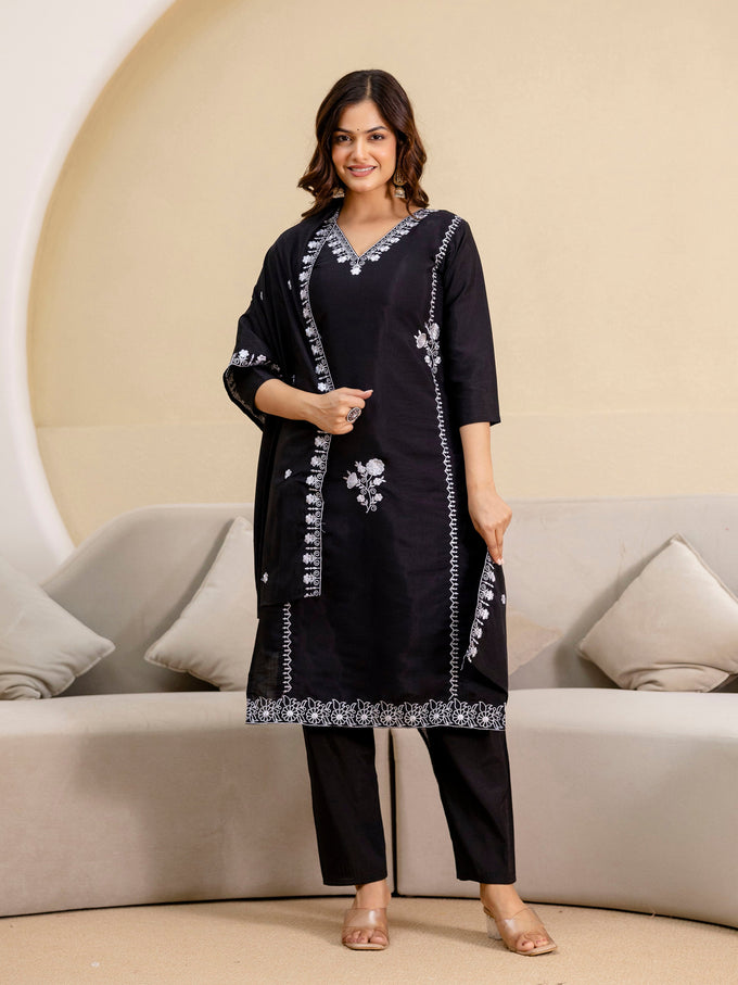 Black Chanderi Embroidery Salwar Suit with Dupatta Set For Women's Trendmalls