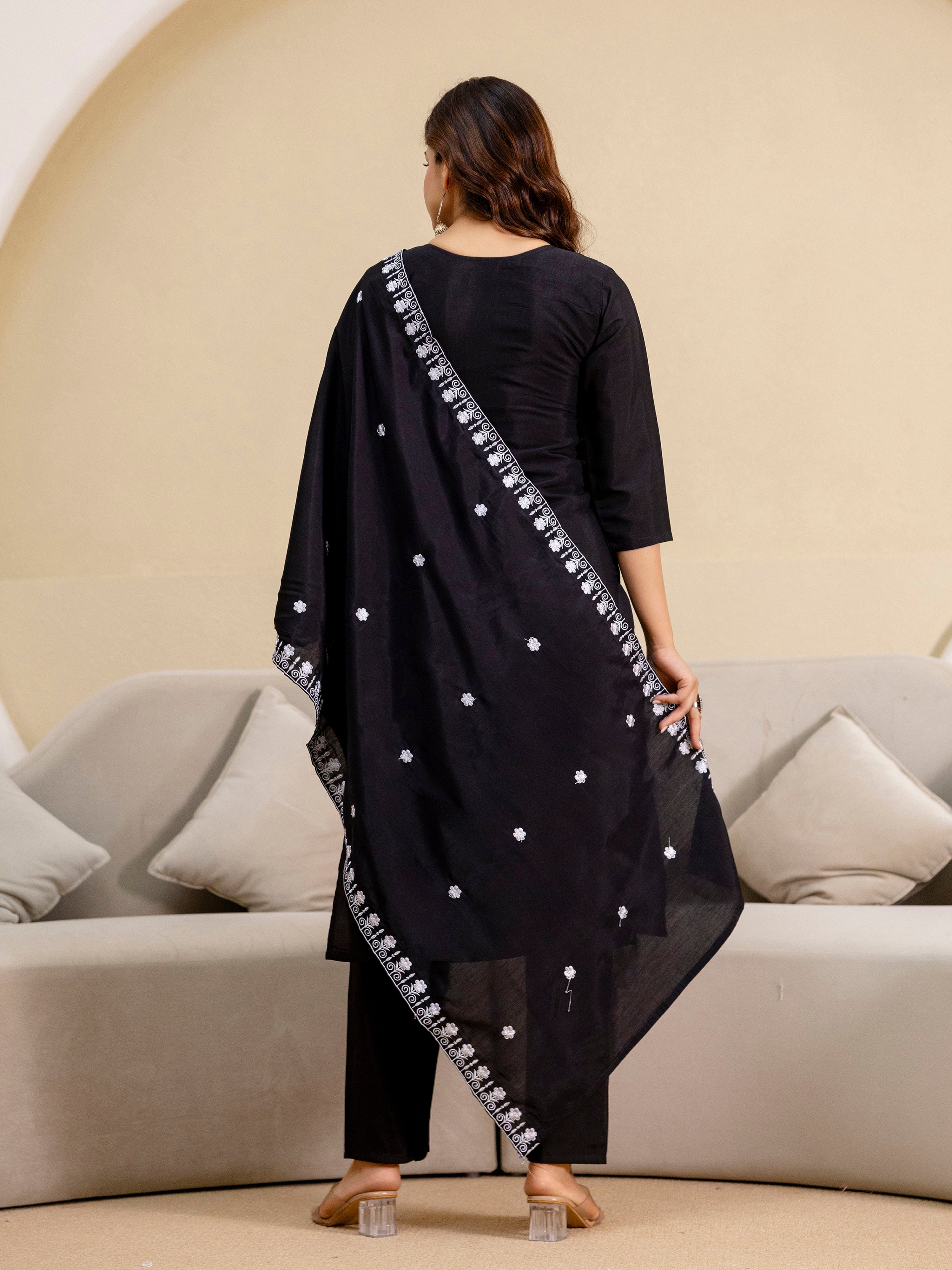 Black Chanderi Embroidery Salwar Suit with Dupatta Set For Women's Trendmalls