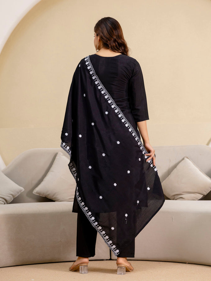 Black Chanderi Embroidery Salwar Suit with Dupatta Set For Women's Trendmalls