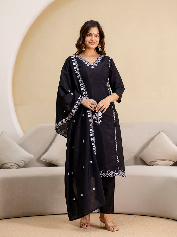Black Chanderi Embroidery Salwar Suit with Dupatta Set For Women's Trendmalls