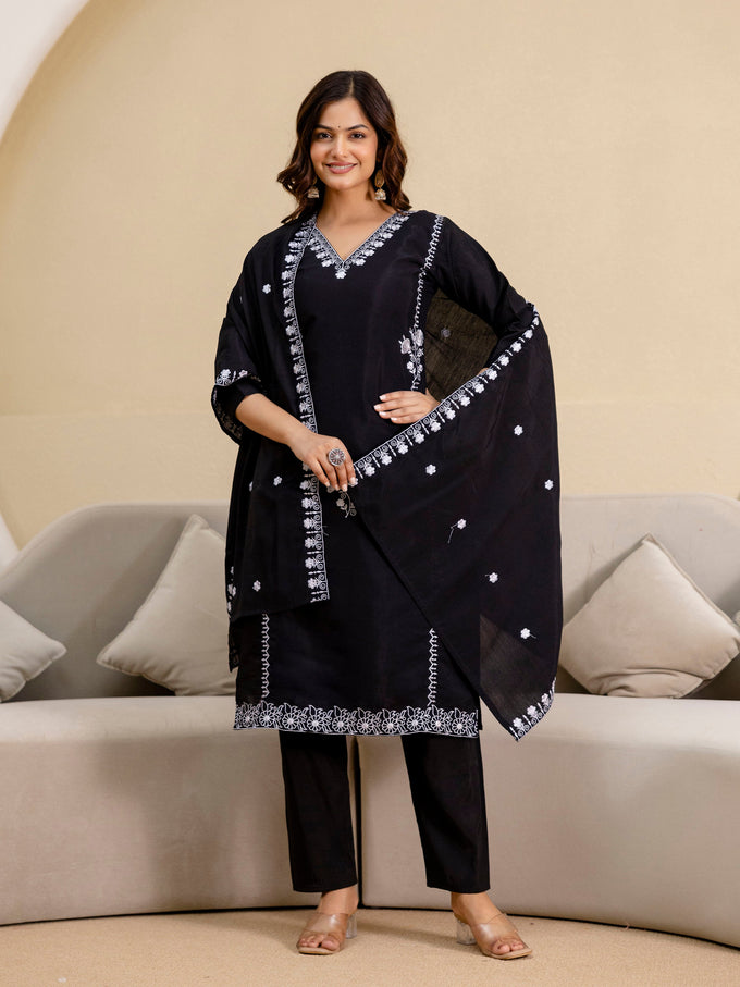 Black Chanderi Embroidery Salwar Suit with Dupatta Set For Women's Trendmalls