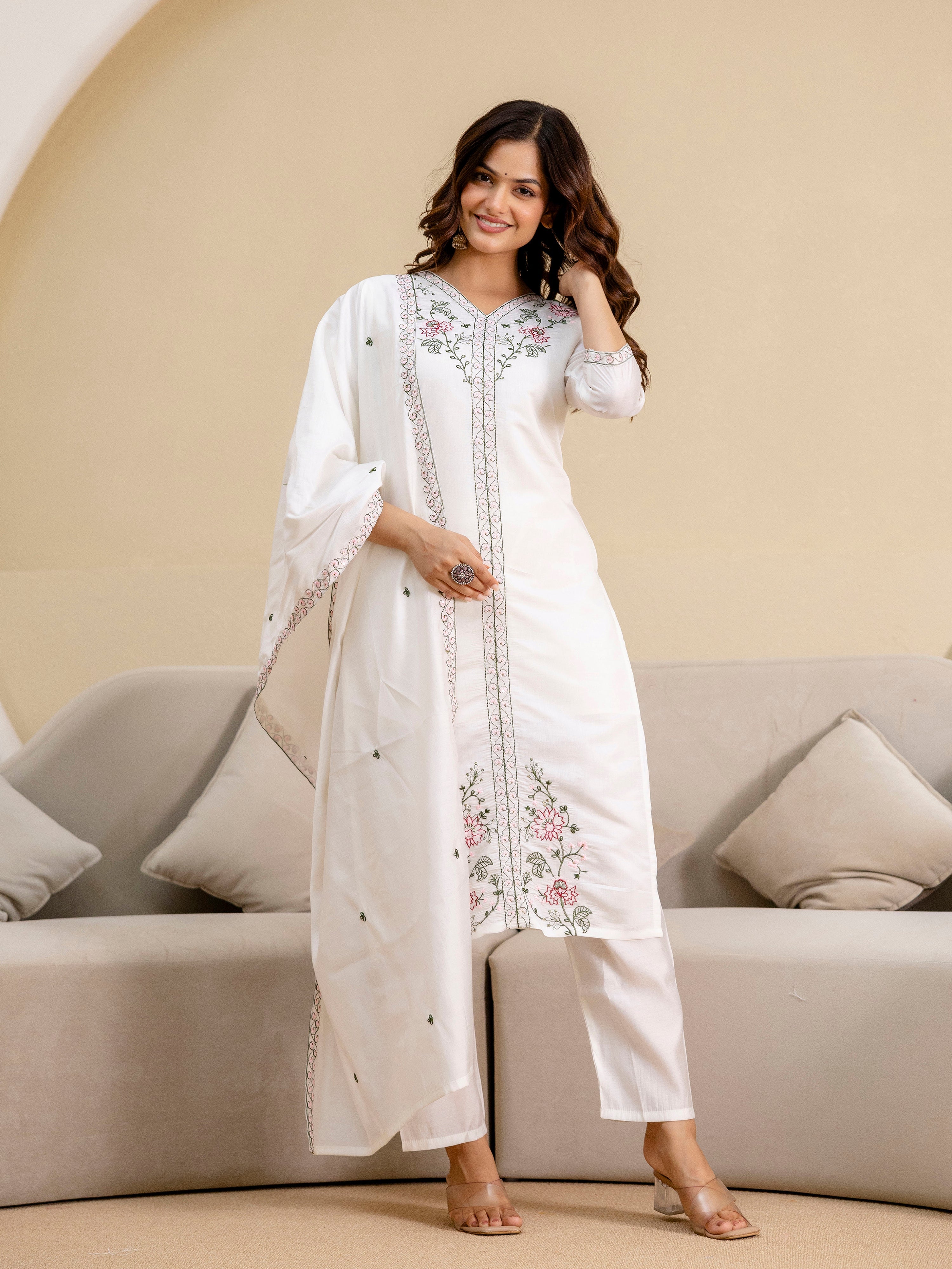 White Chanderi Embroidery Salwar Suit with Dupatta Set For Women's Trendmalls