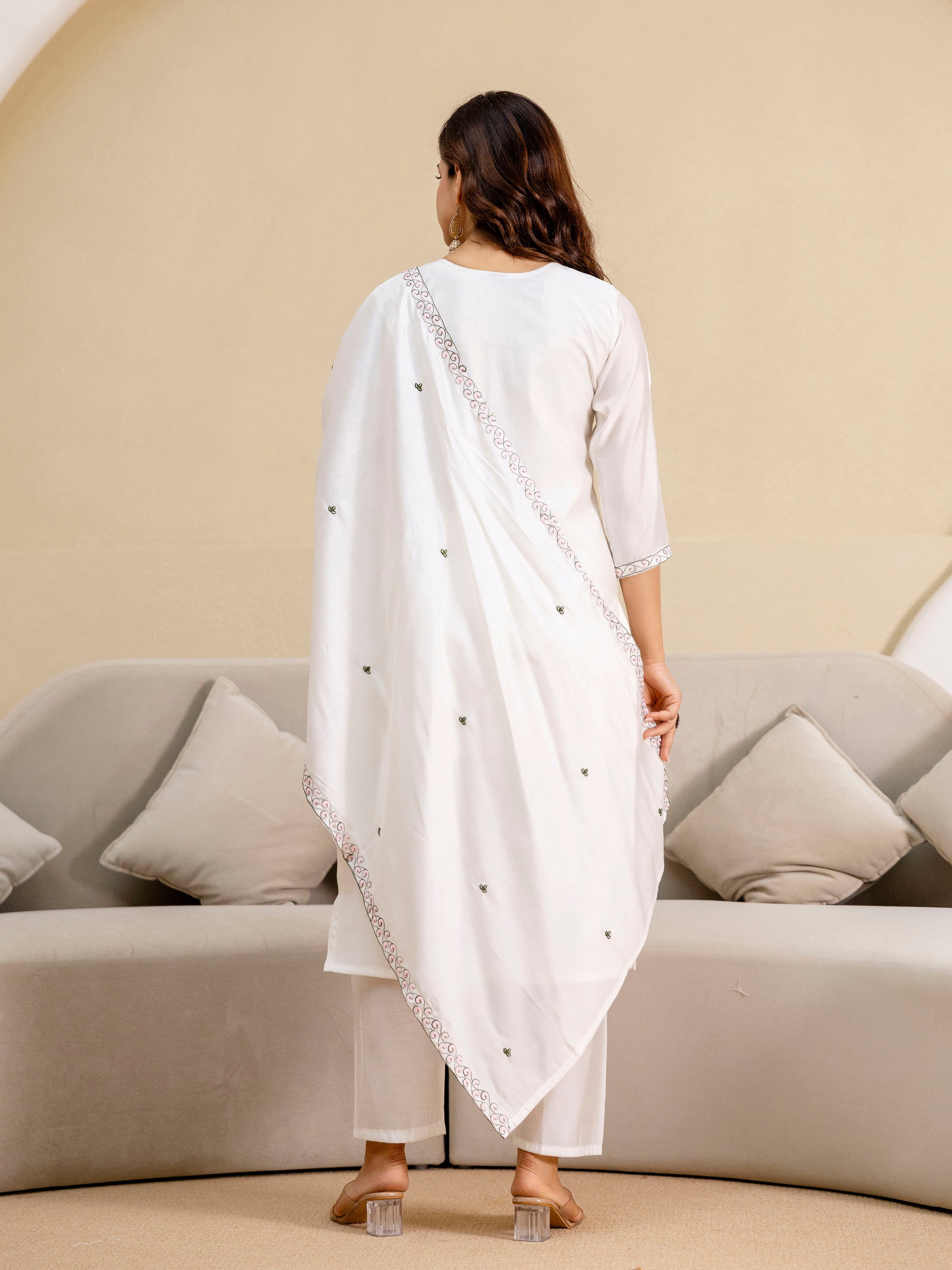 White Chanderi Embroidery Salwar Suit with Dupatta Set For Women's Trendmalls