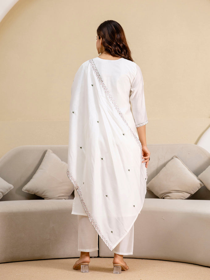 White Chanderi Embroidery Salwar Suit with Dupatta Set For Women's Trendmalls