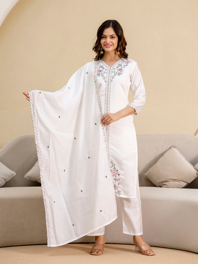 White Chanderi Embroidery Salwar Suit with Dupatta Set For Women's Trendmalls