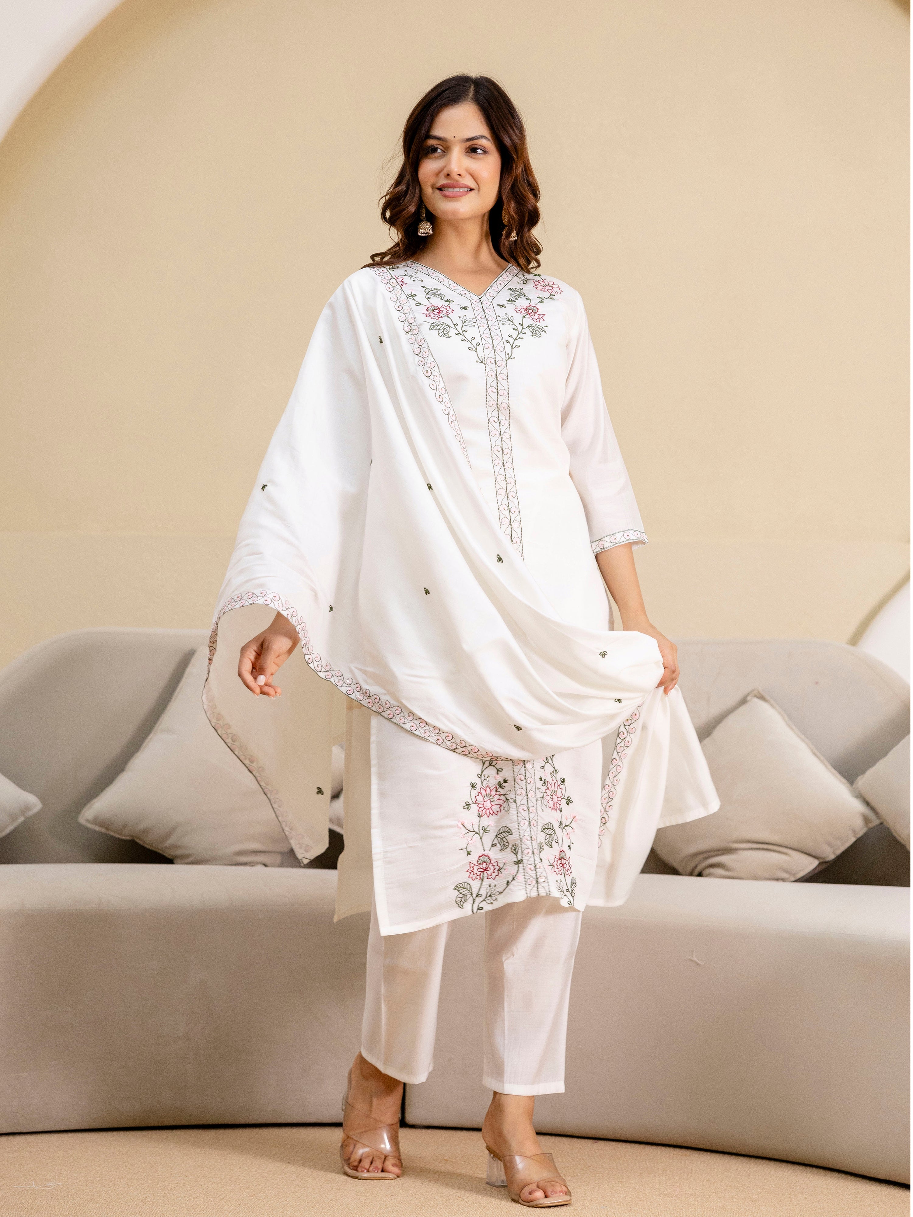 White Chanderi Embroidery Salwar Suit with Dupatta Set For Women's Trendmalls