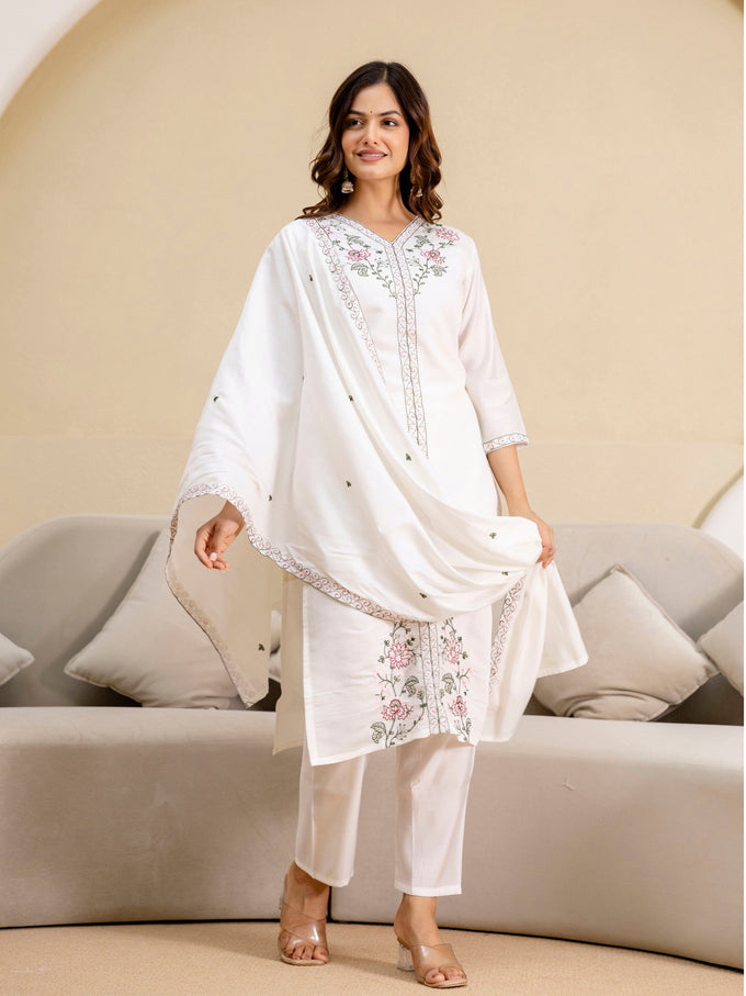 White Chanderi Embroidery Salwar Suit with Dupatta Set For Women's Trendmalls