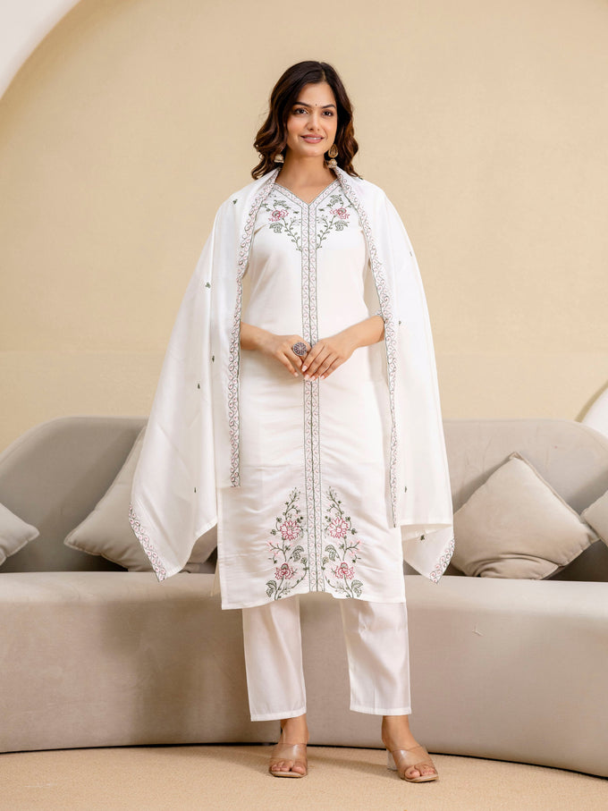 White Chanderi Embroidery Salwar Suit with Dupatta Set For Women's Trendmalls