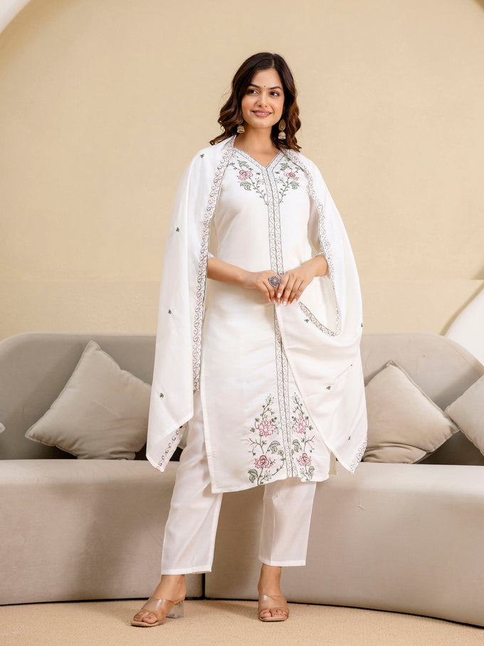 White Chanderi Embroidery Salwar Suit with Dupatta Set For Women's Trendmalls