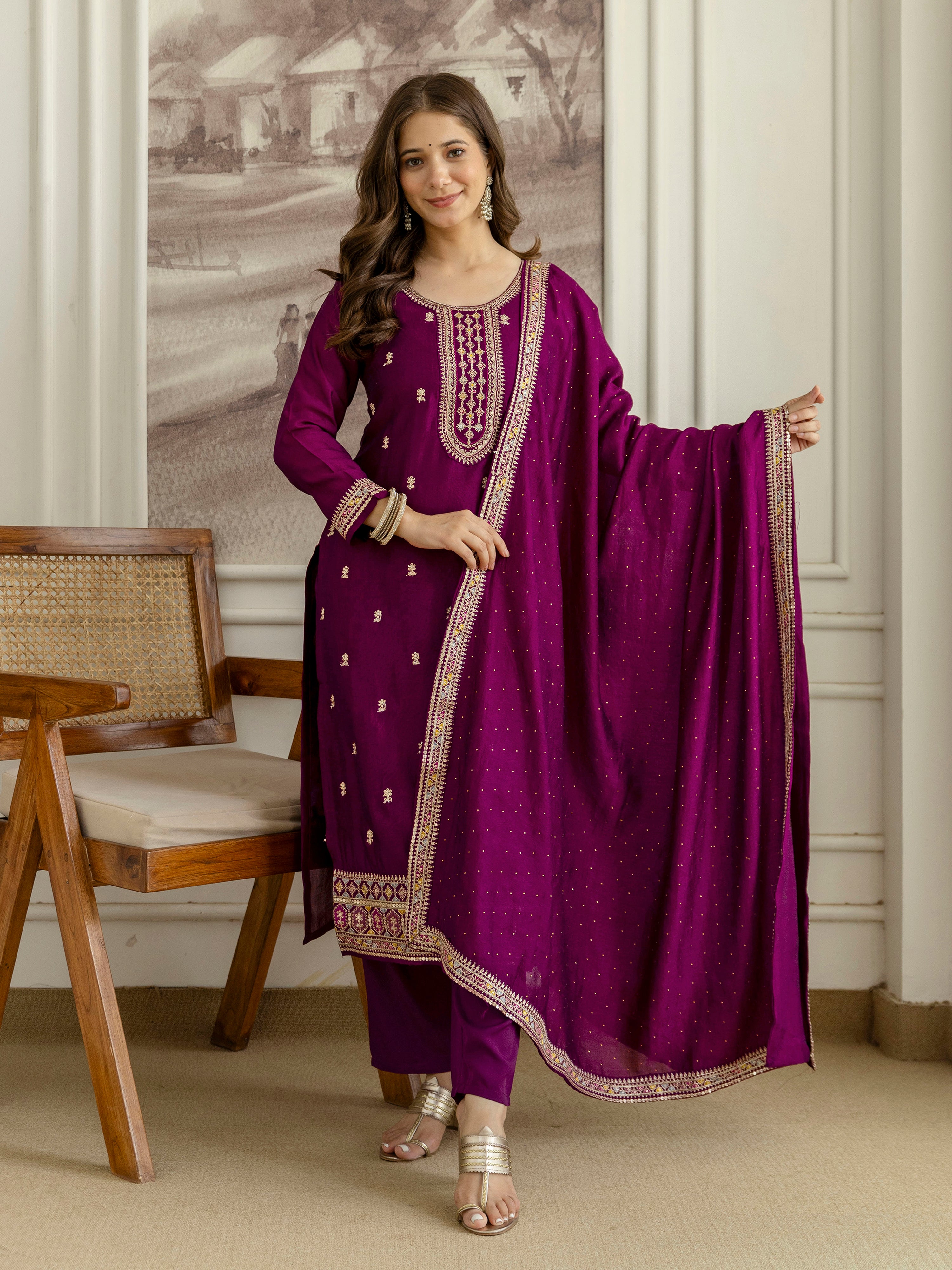 Purple Art Silk Embroidery With Sequence Work Kurta Pant with Dupatta