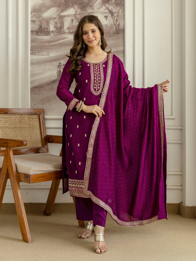 Purple Art Silk Embroidery With Sequence Work Kurta Pant with Dupatta