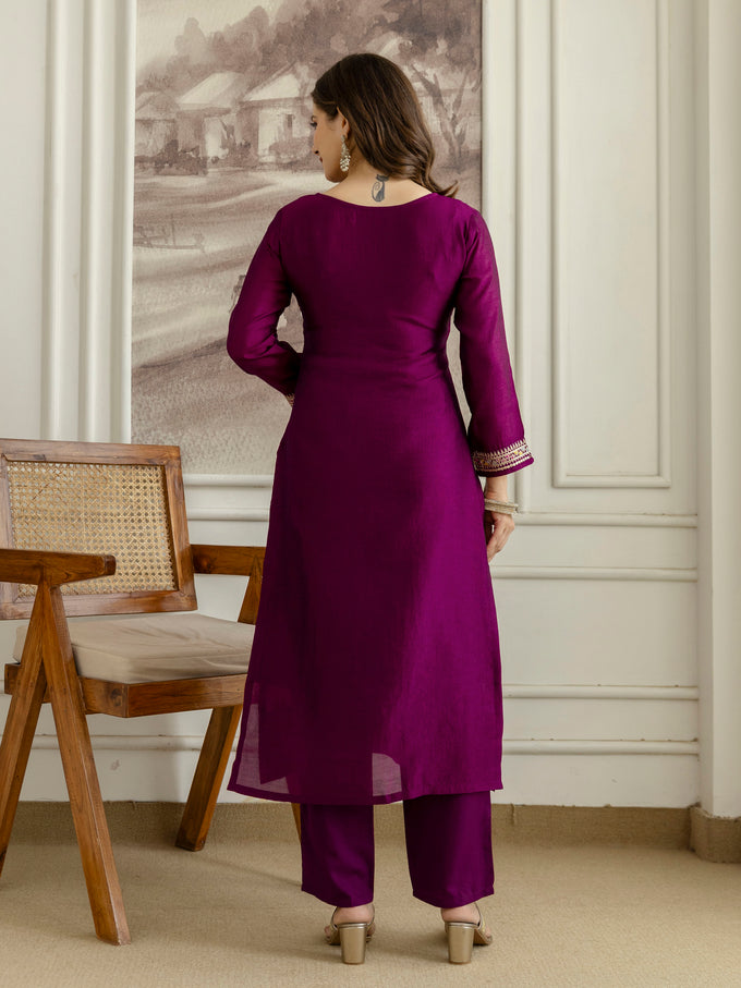 Purple Art Silk Embroidery With Sequence Work Kurta Pant with Dupatta