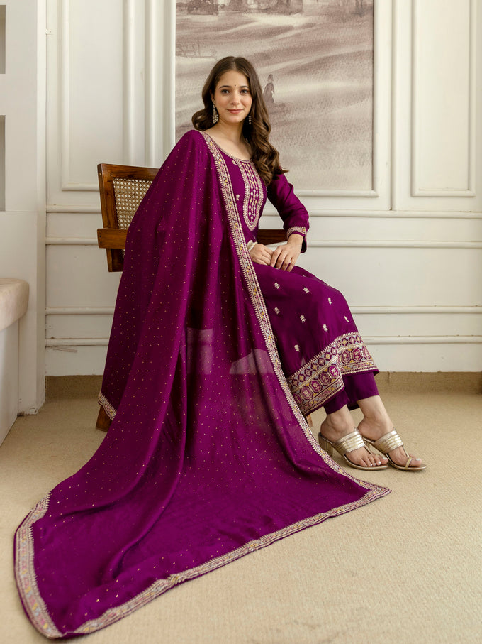 Purple Art Silk Embroidery With Sequence Work Kurta Pant with Dupatta
