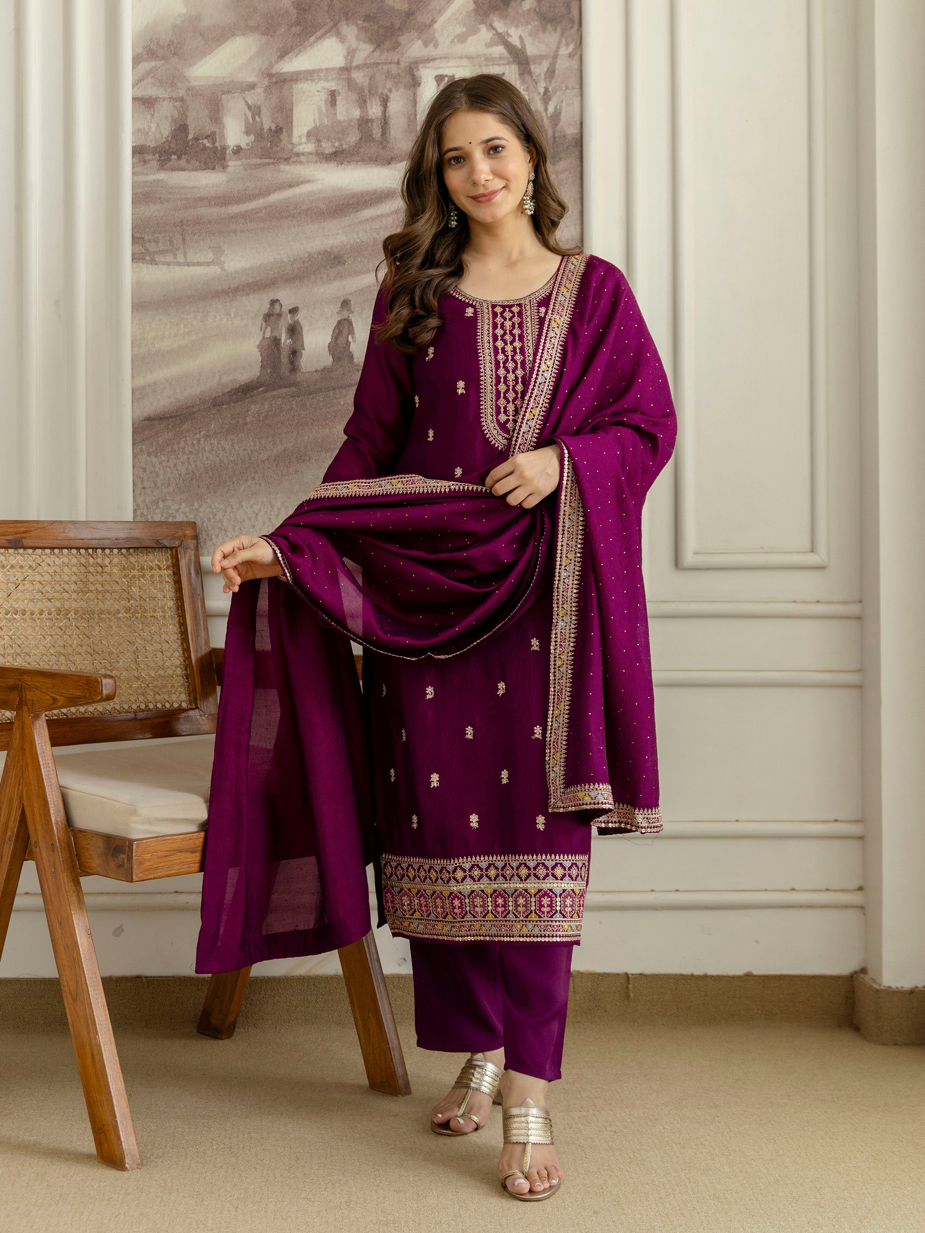 Purple Art Silk Embroidery With Sequence Work Kurta Pant with Dupatta