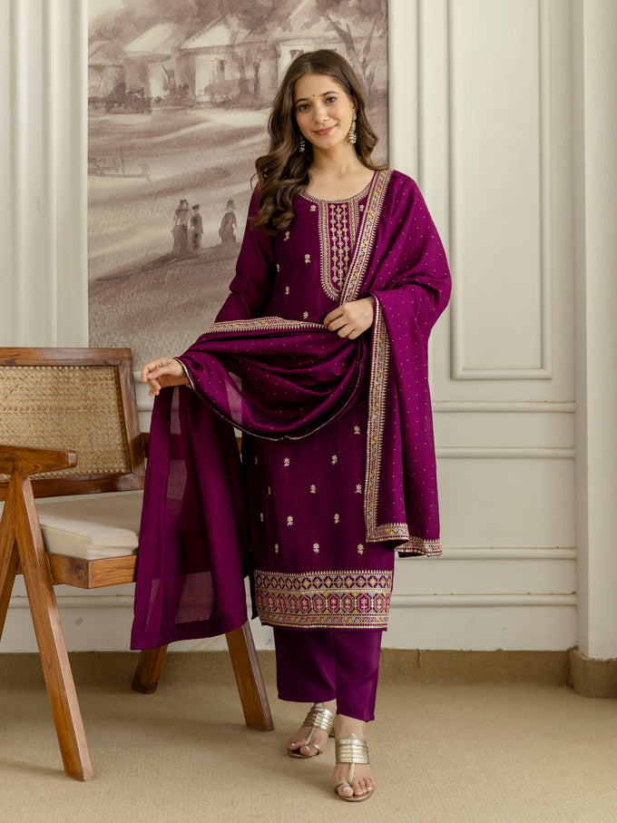 Purple Art Silk Embroidery With Sequence Work Kurta Pant with Dupatta