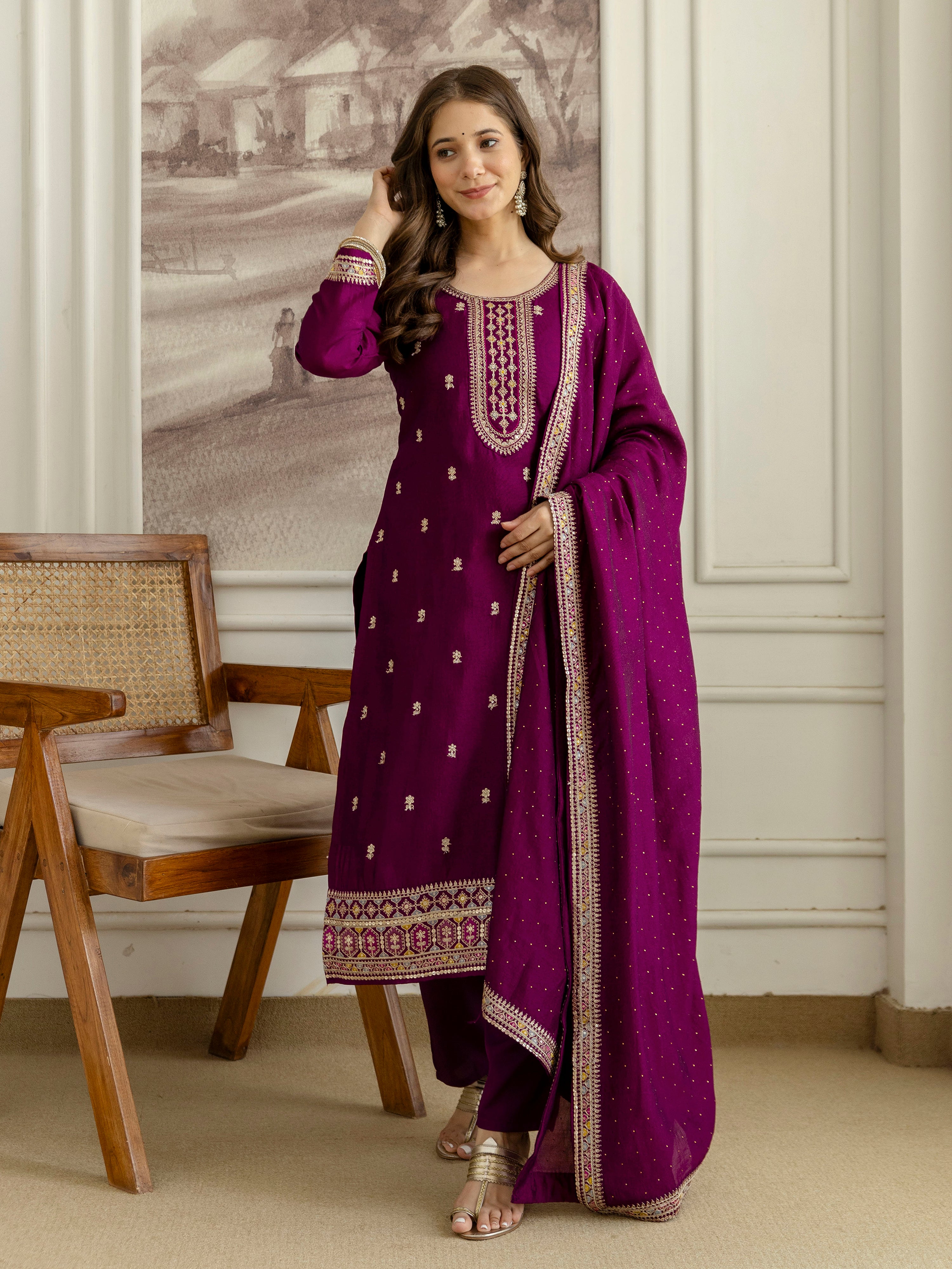 Purple Art Silk Embroidery With Sequence Work Kurta Pant with Dupatta
