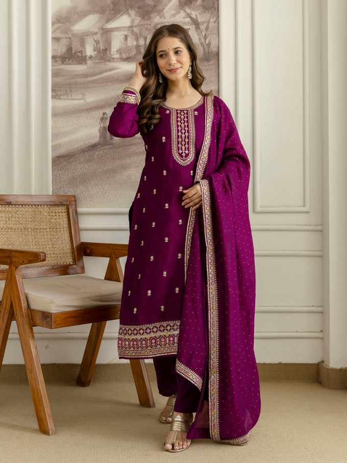 Purple Art Silk Embroidery With Sequence Work Kurta Pant with Dupatta