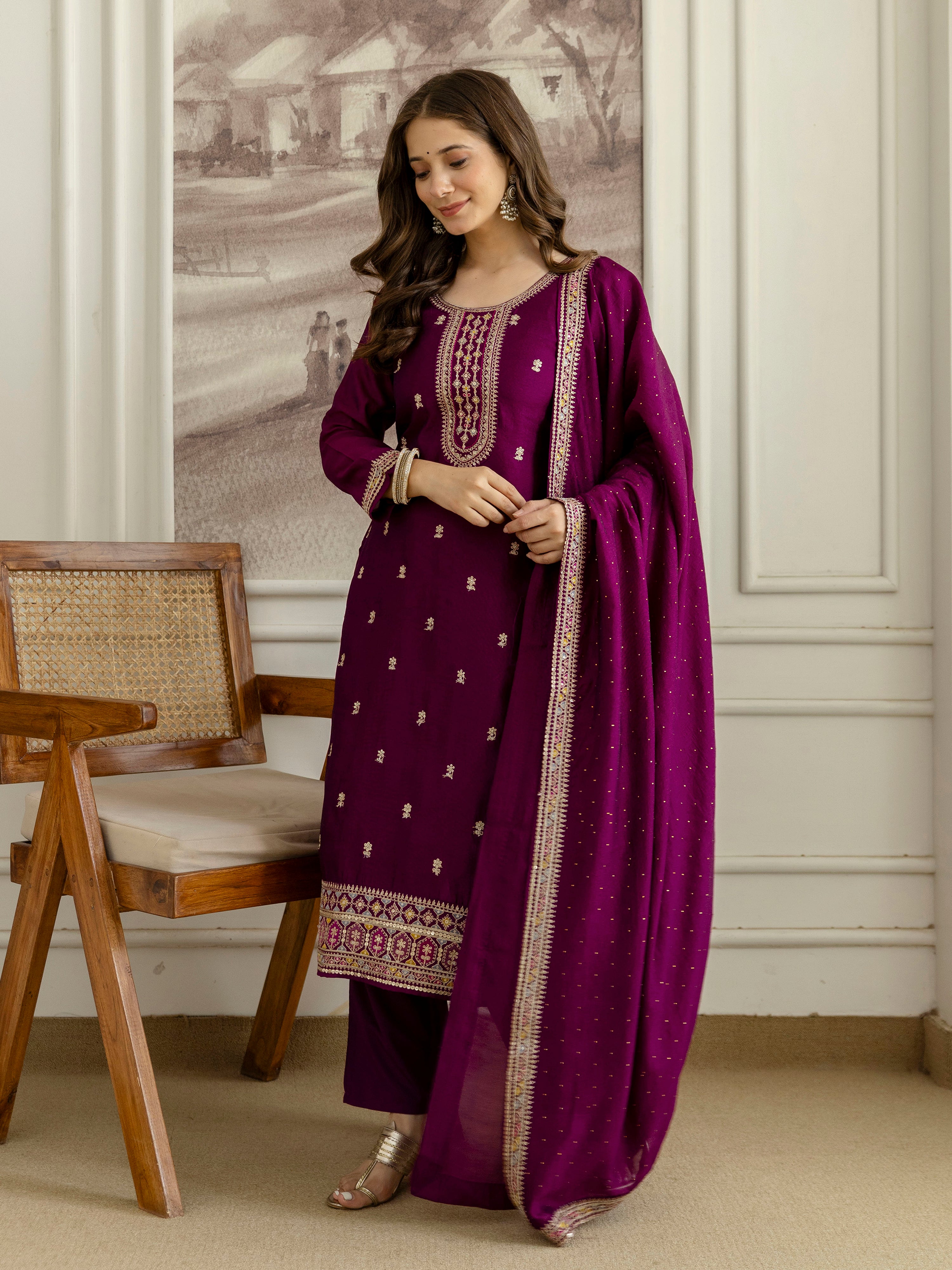 Purple Art Silk Embroidery With Sequence Work Kurta Pant with Dupatta