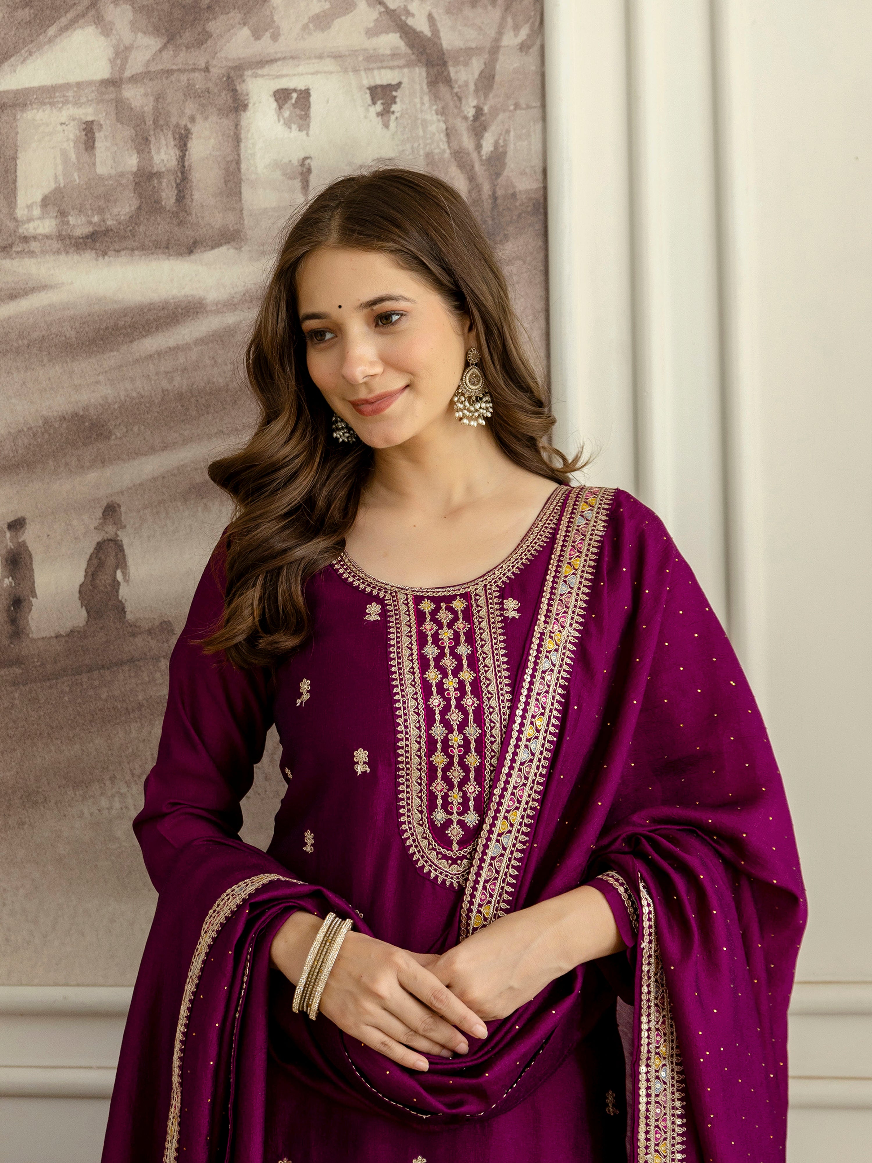 Purple Art Silk Embroidery With Sequence Work Kurta Pant with Dupatta