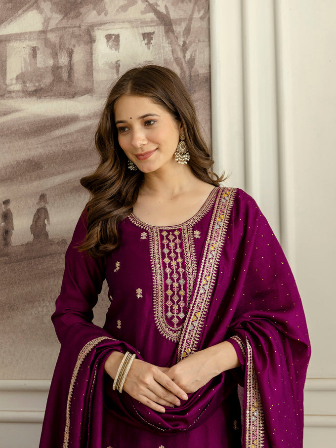 Purple Art Silk Embroidery With Sequence Work Kurta Pant with Dupatta