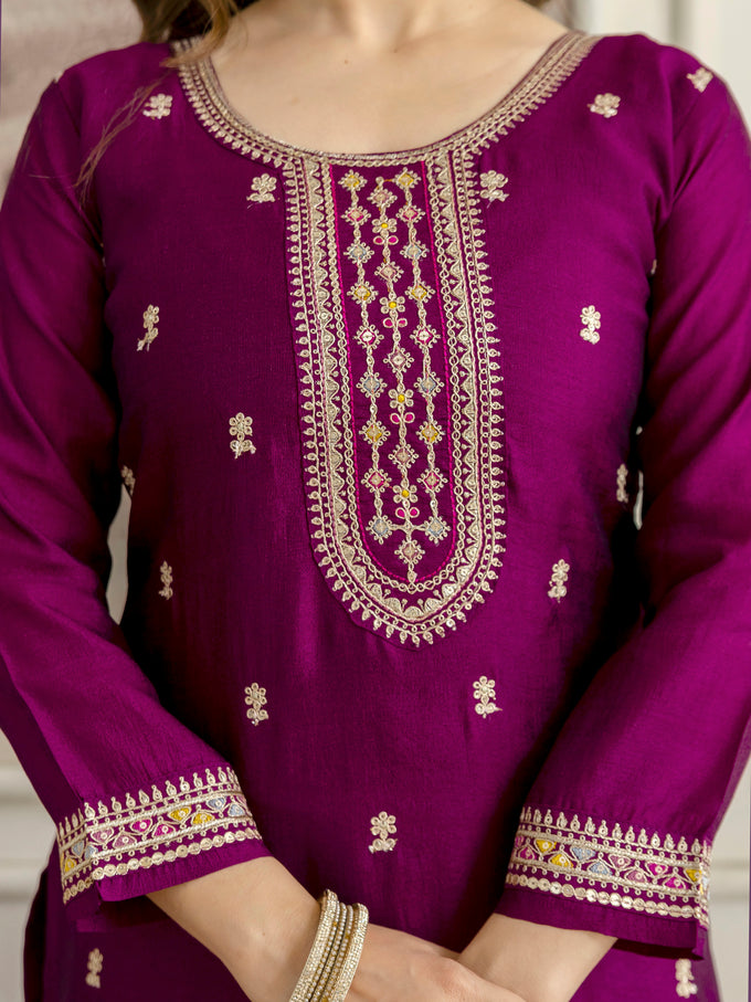 Purple Art Silk Embroidery With Sequence Work Kurta Pant with Dupatta