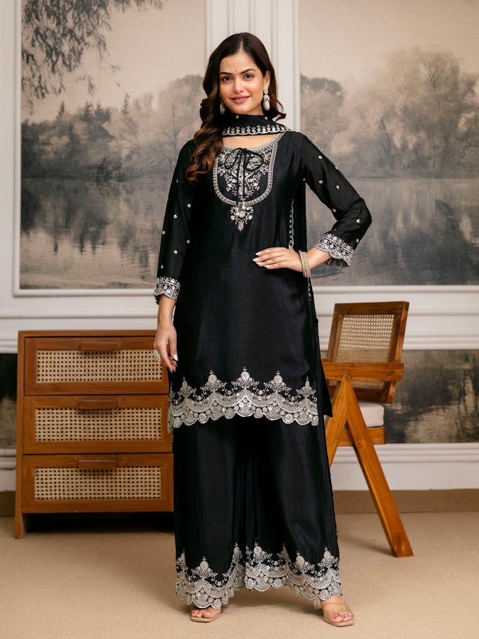 Chinon Embroidery Sequence Work Kurta Palazzo with Dupatta for Women Trendmalls