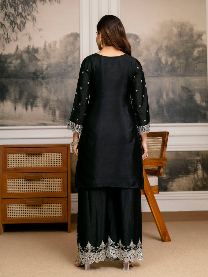 Chinon Embroidery Sequence Work Kurta Palazzo with Dupatta for Women Trendmalls